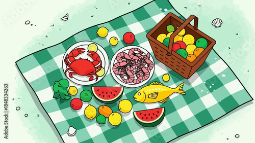 Vibrant Summer Picnic Spread with Fresh Seafood Delicacies and Assorted Zesty Fruits Artfully Arranged on a Classic Green Checkered Blanket for a Joyful Outdoor Dining Experience