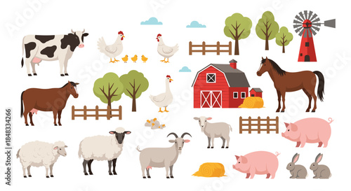 Big collection of cartoon farm animals and agricultural elements including a cow, horse, pig, sheep, and a classic red barn building.