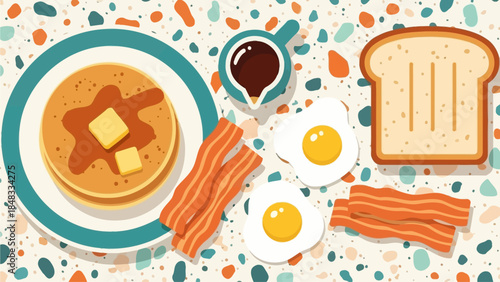 Flat Lay Illustration of a Classic Hearty Breakfast Featuring Fluffy Pancakes, Crispy Bacon, Fried Eggs, Toasted Bread, and Aromatic Coffee for a Wholesome Morning Meal