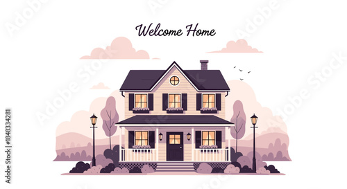 Cozy two-story suburban house with a welcoming front porch and glowing windows, set against a soft, dusky landscape illustration.