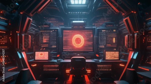 Futuristic Spaceship Cockpit with Advanced Control Panels and Glowing Screens, Sci-Fi Interior with Red and Blue Lighting, Command Center of a High-Tech Spacecraft.