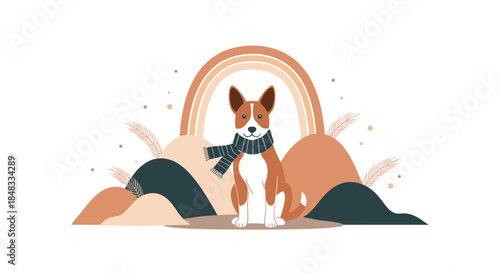 Cute dog wearing a cozy scarf sits in a bohemian abstract landscape with a neutral-toned rainbow and decorative foliage elements.