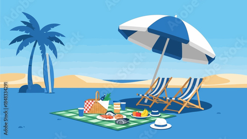 Beachside Picnic Scene with Umbrella and Chairs on a Sandy Shoreline
