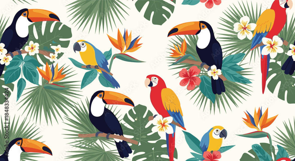 Obraz premium Seamless tropical pattern featuring colorful toucans, macaw parrots, hibiscus flowers, and exotic palm leaves on a light background.