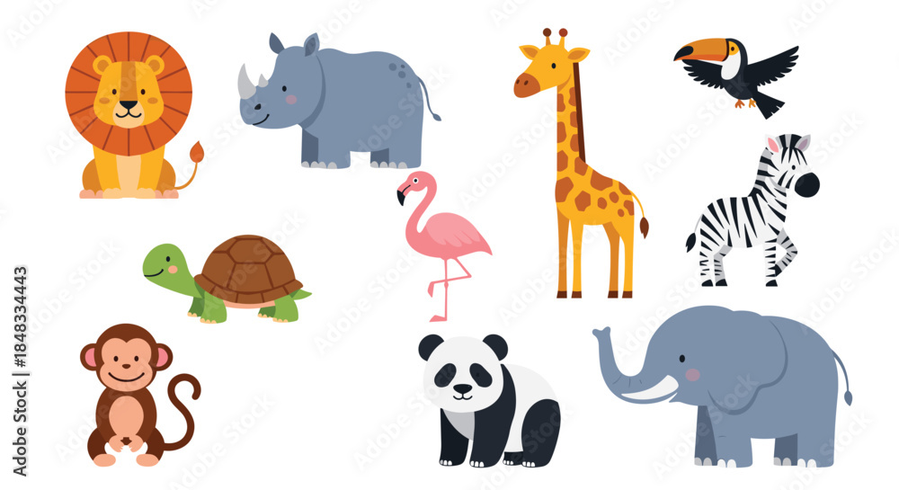 Obraz premium Set of cute cartoon safari and jungle animals including a lion, elephant, giraffe, zebra, and panda for children's designs.