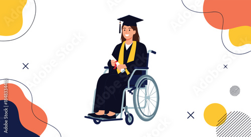 Happy female graduate in a wheelchair wearing a cap and gown and holding her diploma, celebrating academic achievement and inclusion.