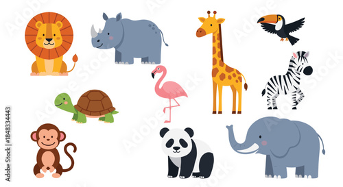 Set of cute cartoon safari and jungle animals including a lion, elephant, giraffe, zebra, and panda for children's designs.