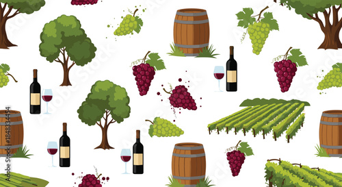 Seamless pattern for winemaking and viticulture, featuring red and white grapes, wine bottles, oak barrels, and vineyard landscapes.