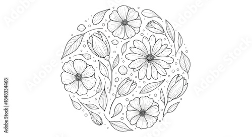 Circular composition of delicate hand-drawn flowers and leaves in a detailed black and white line art style for elegant designs.