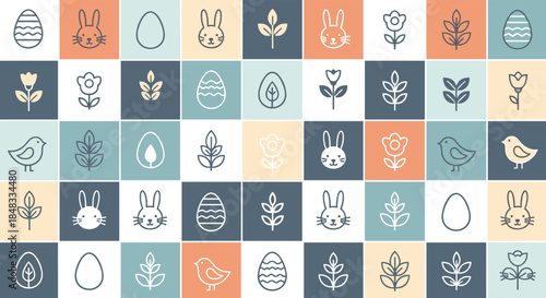 Seamless pattern with a grid of cute Easter-themed icons including bunnies, decorated eggs, flowers, and chicks in pastel colors.