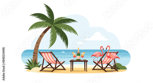 Romantic tropical beach getaway scene with lounge chairs, champagne, pink flamingos, and a palm tree by the beautiful blue ocean.