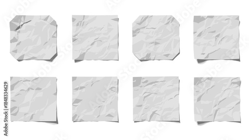 Set of eight crumpled paper sheets