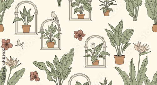 Elegant seamless botanical pattern with potted houseplants in arched windows, tropical birds, and exotic flowers on a beige background.