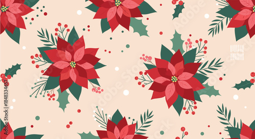 Seamless Christmas pattern with beautiful red poinsettia flowers, holly leaves, and berries on a soft beige holiday background.