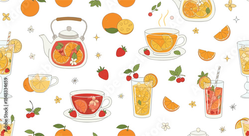 Seamless pattern of refreshing fruit teas and iced drinks with oranges, strawberries, and cherries, perfect for a summer menu.
