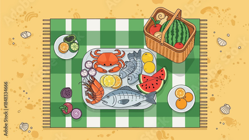 Delicious seafood and fruit picnic spread on a checkered blanket on a sandy beach