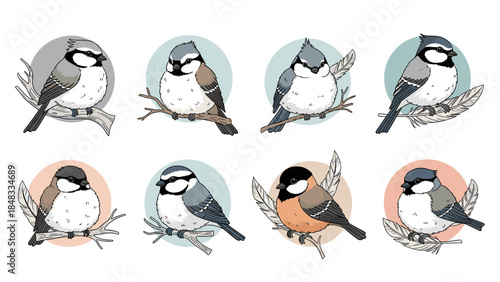 Collection of cartoon chickadee birds perched branches