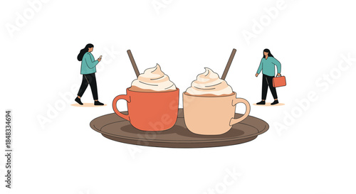 Miniature people walking around two large mugs of coffee topped with whipped cream, illustrating a coffee break or cafe concept.