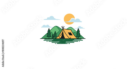 Minimalist landscape illustration of a camping tent pitched by the water with mountains, trees, and the sun in the background.