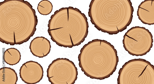 Seamless background pattern of various sized wood slices and tree trunk cross-sections, showing annual rings and rustic texture.