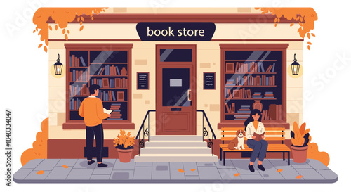 Cozy autumn scene outside a charming bookstore, with a woman reading on a bench and a man browsing, surrounded by fall foliage.