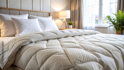 A closeup of a textured offwhite quilted comforter on a bed with fluffy white pillows in a softly lit modern bedroom