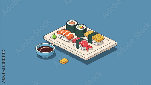 A delicious assortment of sushi, featuring nigiri and maki rolls, artfully arranged on a white plate with a side of soy sauce and wasabi, presented in a vibrant isometric illustration