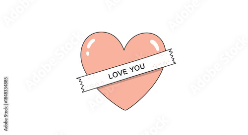 Simple and cute illustration of a pink heart with a white banner across it that reads 'LOVE YOU' for romantic declarations.