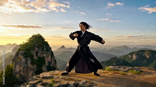 Martial Artist Practicing on Mountain Peak at Sunset.
