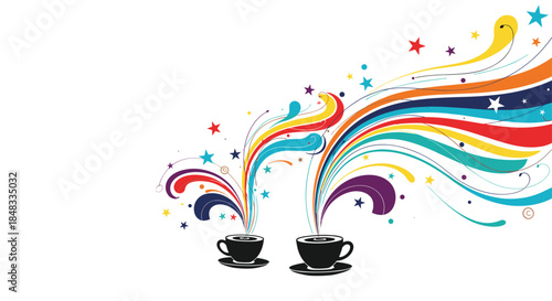 Two coffee cups with colorful, abstract, and magical streams of steam rising up, representing creativity, energy, and inspiration.