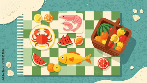 Enjoying a delightful picnic spread with fresh seafood, fruits, and watermelon on a checkered blanket by the beach