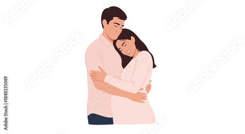 Loving couple embracing tenderly, with the man kissing the smiling woman's forehead in a beautiful, romantic moment.