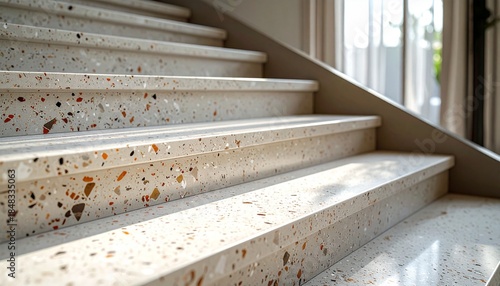 A lowangle closeup shot of a modern terrazzo staircase Sunlight casts bright highlights and shadows across the steps