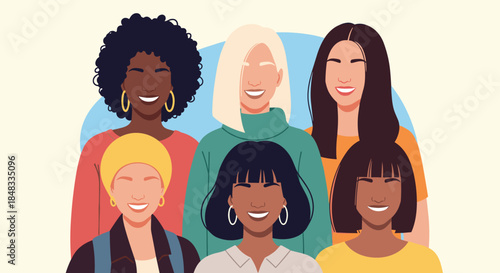 Group portrait of diverse and happy women from different ethnicities and cultures smiling together, representing female friendship and unity.