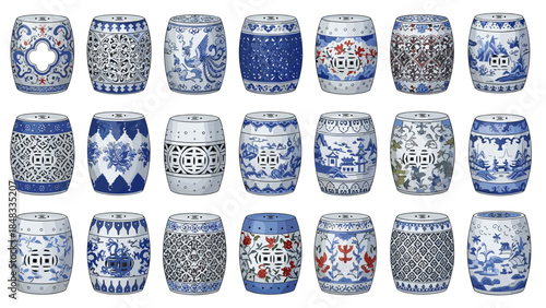 Collection of assorted blue and ceramic jars