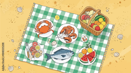 A delightful summer picnic spread featuring fresh seafood, fruits, and a basket brimming with goodies on a sandy beach