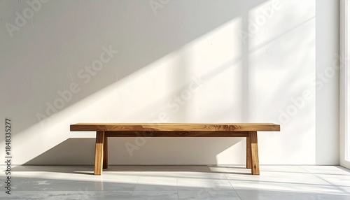 A wooden bench stands against a white textured wall illuminated by bright diagonal sunlight casting shadows across the room
