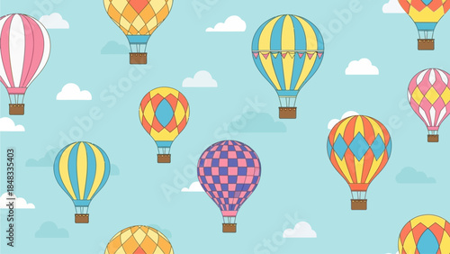 A vibrant sky filled with an assortment of colorful hot air balloons, creating a cheerful and whimsical atmosphere