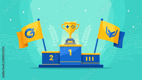 Esports Competition Podium with Flags and Trophy, Celebrating Victory and Achievement in Digital Gaming