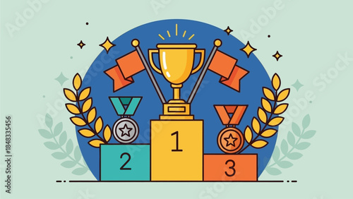 A vibrant illustration of a sports competition podium with trophies and medals, celebrating victory and achievement
