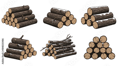 Six piles of firewood logs