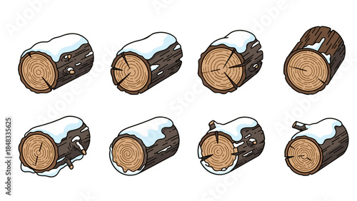 Eight cartoon logs with snow