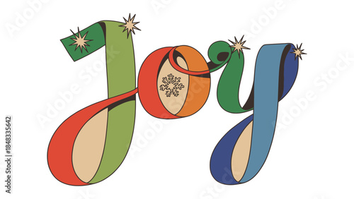 Joyful Ribbon Typography: Playful typography spells out 'Joy' with colorful ribbons and star accents, exuding a sense of happiness, cheer, and festive celebration.