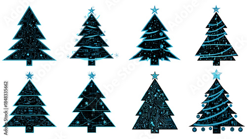 Set of black christmas trees with blue lights
