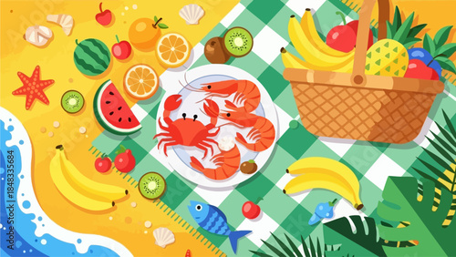 Vibrant Summer Picnic Scene with Delicious Food and Refreshing Fruits on a Sandy Beach