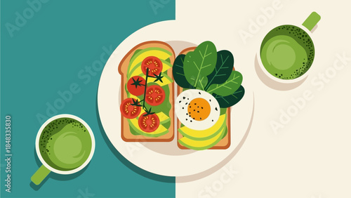 Healthy avocado toast with fresh tomatoes and a boiled egg, served with a cup of green tea for a nutritious breakfast