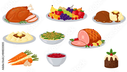 Thanksgiving dinner elements including turkey and desserts