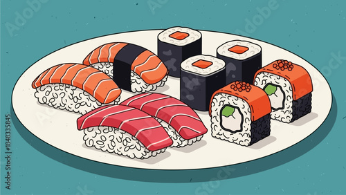 Delicious Japanese sushi platter illustration featuring fresh salmon and tuna nigiri with assorted maki rolls, perfect for a healthy and flavorful Asian dining experience