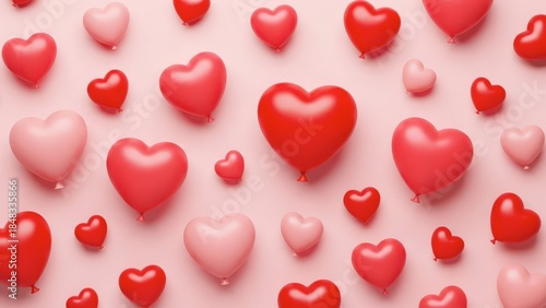 Vibrant heart balloons floating on soft pink background for Valentine's Day