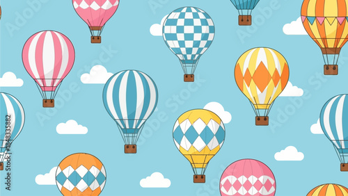 Seamless pattern of colorful hot air balloons floating in a clear blue sky with fluffy white clouds, whimsical illustration